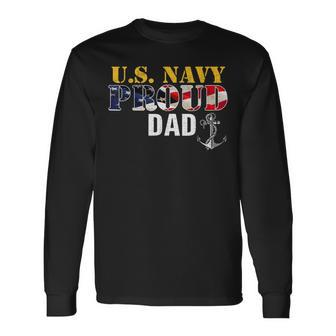 Vintage Navy Proud Dad With US American Flag Long Sleeve T-Shirt - Seseable