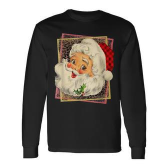 Vintage Old-Fashioned Christmas Santa Claus Face Men Women Long Sleeve T-shirt Graphic Print Unisex - Seseable