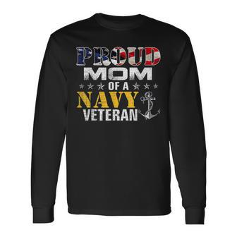 Vintage Proud Mom Of A Navy For Veteran Gift Men Women Long Sleeve T-shirt Graphic Print Unisex - Seseable
