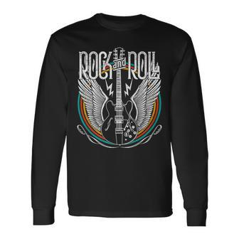 Vintage Retro Distressed 80S Rock & Roll Music Guitar Wings Long Sleeve T-Shirt - Seseable