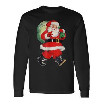 Vintage Santa With Toy Sack Old Fashioned Christmas Graphic Men Women Long Sleeve T-shirt Graphic Print Unisex - Seseable
