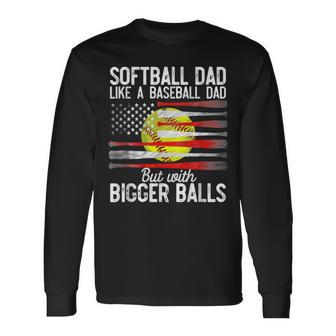 Vintage Softball Dad Like A Baseball Dad Us Flag Fathers Day Long Sleeve T-Shirt - Seseable