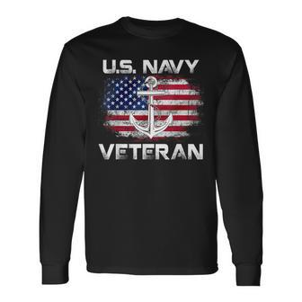 Vintage Us Navy With American Flag For Veteran Long Sleeve T-Shirt - Seseable
