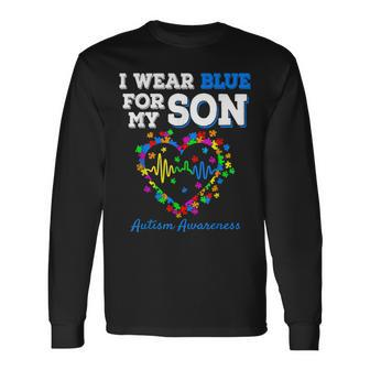 I Wear Blue For My Son Autism Awareness Day Mom Dad Parents Long Sleeve T-Shirt - Thegiftio UK