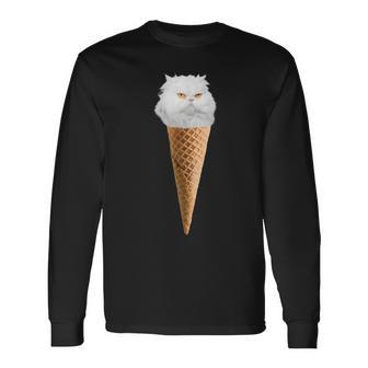 White Fluffy Cat Sitting In The Ice Cream Cone Long Sleeve T-Shirt T-Shirt | Mazezy