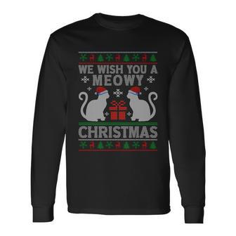 We Wish You A Meowy Catmas Santa Hat Ugly Christmas Sweater Long Sleeve T-Shirt - Monsterry