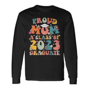 Womens Proud Mom Of A Class Of 2023 Graduate Groovy Senior 23 Men Women Long Sleeve T-shirt Graphic Print Unisex - Seseable