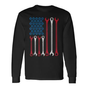 Wrench Flag Vintage Fathers Day Patriotic Mechanic Dad Men Unisex Long Sleeve