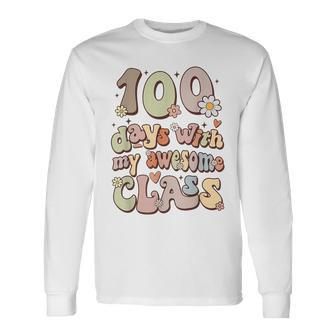 100 Days With My Awesome Class Retro Teacher Women Girls Long Sleeve T-Shirt - Seseable