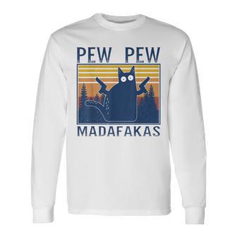 Cat Pew Pew Madafakas Crazy Funny Cat Lovers Vintage Men Women Long Sleeve T-shirt Graphic Print Unisex - Seseable