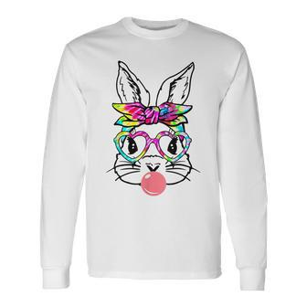 Cute Bunny With Bandana Heart Glasses Happy Easter Day Long Sleeve T-Shirt - Seseable