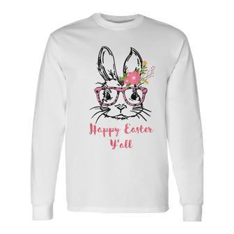 Cute Bunny Face With Glasses Leopard Print Happy Easter Long Sleeve T-Shirt | Mazezy