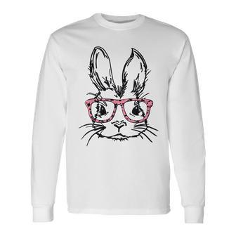 Cute Bunny With Glasses Leopard Print Easter Bunny Face Long Sleeve T-Shirt | Mazezy