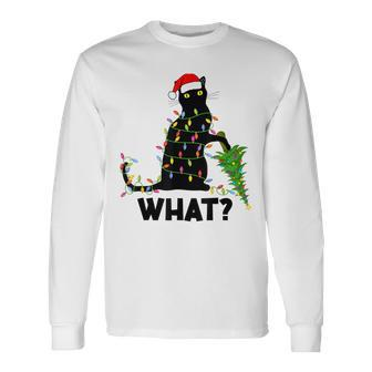 Funny Black Cat Pushing Christmas Tree Over Cat Christmas V2 Men Women Long Sleeve T-shirt Graphic Print Unisex - Seseable
