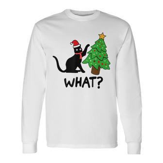 Funny Naughty Black Cat Pushing Christmas Tree Over Cat What V2 Men Women Long Sleeve T-shirt Graphic Print Unisex - Seseable