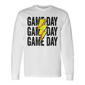 Gameday Softball Gameday Lightning Bolt Leopard Softball Mom Long Sleeve T-Shirt | Mazezy