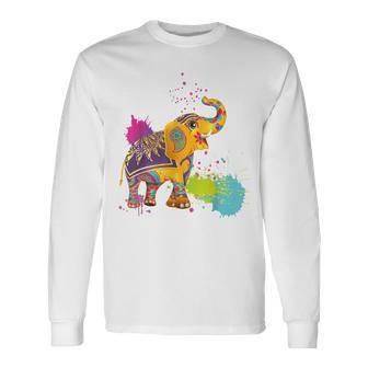 Happy Holi Colors India Hindu Spring Elephant Holi Long Sleeve T-Shirt | Mazezy