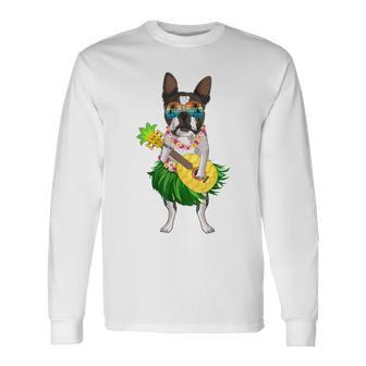 Hawaiian Boston Terrier Dog Pineapple Ukulele Summer Long Sleeve T-Shirt | Mazezy
