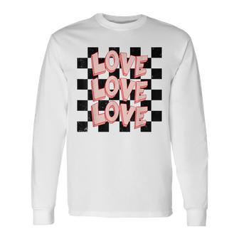 Love Heart Valentine Checkered Retro Groovy Valentines Day Long Sleeve T-Shirt - Seseable