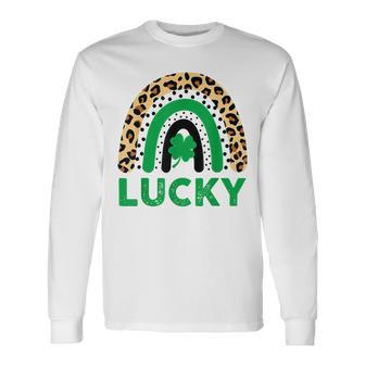 Lucky Shamrock Leopard Print Rainbow St Patricks Day Long Sleeve T-Shirt - Seseable