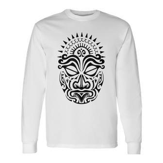 Maori Polynesian Tattoo Haka Dance Face Mask Head Long Sleeve T-Shirt | Mazezy