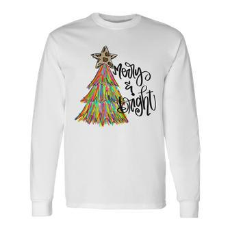 Merry And Bright Colorful Christmas Tree Family Xmas Pjs Men Women Long Sleeve T-shirt Graphic Print Unisex - Seseable