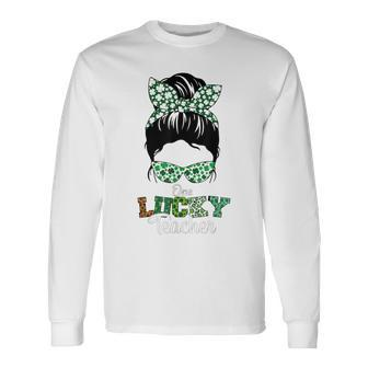 One Lucky Teacher St Patricks Day Messy Bun Leopard Long Sleeve T-Shirt - Seseable