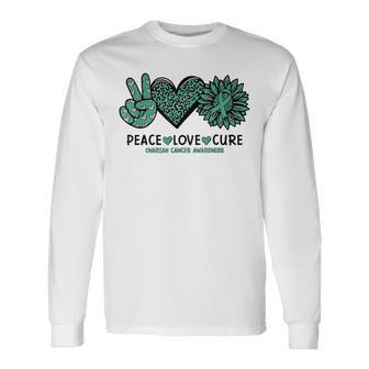 Peace Love Cure Teal Ribon Ovarian Cancer Awareness Warrior Men Women Long Sleeve T-shirt Graphic Print Unisex - Seseable
