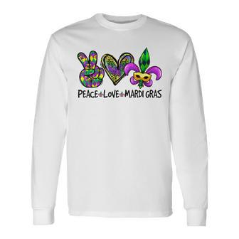 Peace Love Mardi Gras Fleur De Lys Fat Tuesday Parade Long Sleeve T-Shirt - Seseable