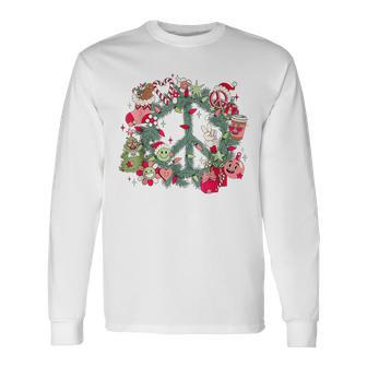 Retro Christmas Wreath Peace Vintage Xmas Holiday Pajamas Men Women Long Sleeve T-shirt Graphic Print Unisex - Seseable