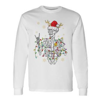 Santa Rocker Skeleton Hand Rock Funny Christmas Xmas Pajamas Men Women Long Sleeve T-shirt Graphic Print Unisex - Seseable