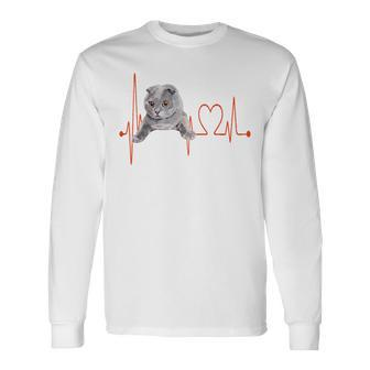 Schottische Katzen Herzschlag EKG Langarmshirts für Kätzchenliebhaber - Seseable