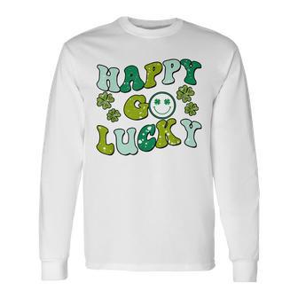St Patricks Day Happy Go Lucky Shamrock Irish Retro Groovy V2 Long Sleeve T-Shirt T-Shirt | Mazezy