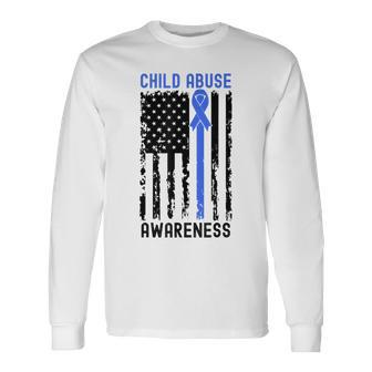 Stop Child Abuse Awareness Blue Ribbon American Flag Long Sleeve T-Shirt T-Shirt | Mazezy