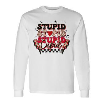 Stupid Cupid Retro Groovy Valentines Day Lightning Bolt Long Sleeve T-Shirt - Seseable