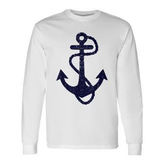 Vintage Distressed Sailing Boat Nautical Grungy Navy Anchor Long Sleeve T-Shirt - Seseable