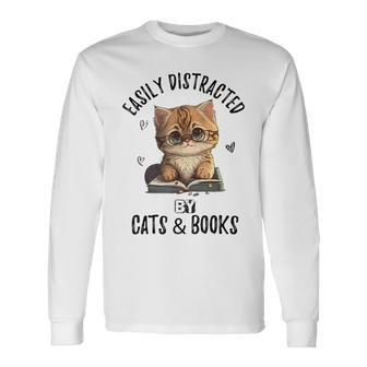 Vintage Easily Distracted By Cats And Books Kitties Lover Long Sleeve T-Shirt - Seseable