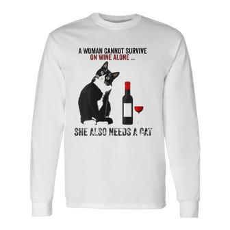 A Woman Cannot Survive On Wine Alone She Also Need Cats Men Women Long Sleeve T-Shirt T-shirt Graphic Print - Thegiftio UK