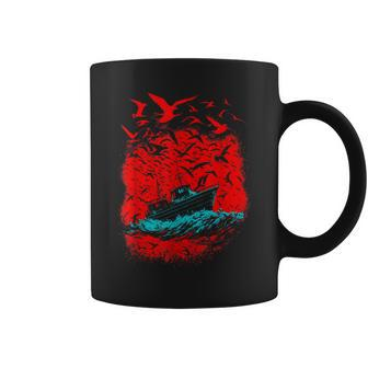 Art Birds And Boat In Ocean Under Red Sky Coffee Mug | Mazezy