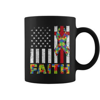 Autism Awareness Faith Cross Autistic Usa Flag For Dad Mens Coffee Mug | Mazezy
