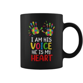 Autism Awareness Mom Dad I Am His Voice Hes My Heart Coffee Mug | Mazezy