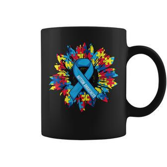 Autism Ribbon Sunflower In April We Wear Blue For Autism Coffee Mug | Mazezy
