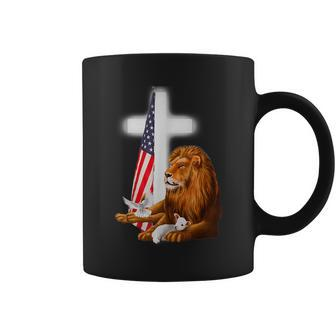 Christian Patriotic Lion And Lamb Cross Sheep Dove Usa Flag Coffee Mug - Seseable