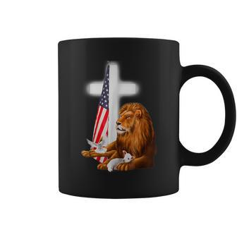 Christian Patriotic Lion And Lamb Cross Sheep Dove Usa Flag V2 Coffee Mug - Seseable