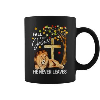 Fall For Jesus He Never Leaves Lion Jesus Cross Christian Coffee Mug - Seseable