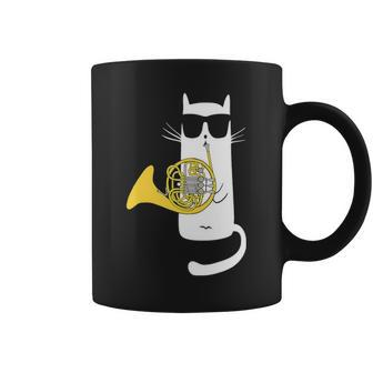 Funny Cat Wearing Sunglasses Playing French Horn Coffee Mug - Seseable