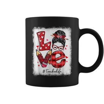 Funny Love Messy Bun Teacher Life Valentines Day Matching Coffee Mug - Seseable
