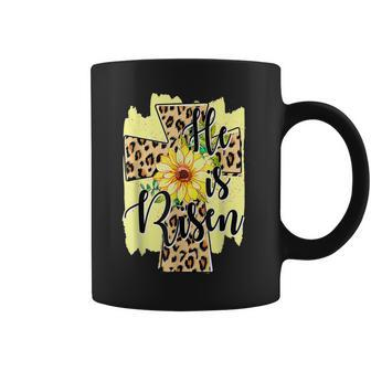 He Is Risen Leopard Sunflower Cross Christian Easters Day Coffee Mug | Mazezy