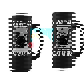 I Work On Computer Funny Cat Lover Quotes Black Cats Lovers Coffee Mug | Mazezy