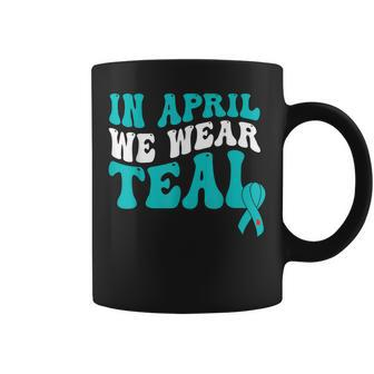 In April We Wear Teal Sexual Assault Awareness Retro Groovy Coffee Mug | Mazezy